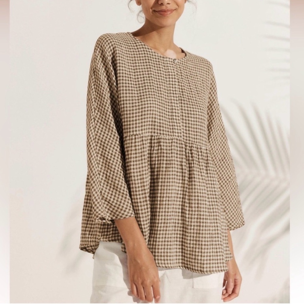 SOLD — Lintico Linen/Cotton Brown Check Flowy Pop-Over Caroline Blouse, Sz M